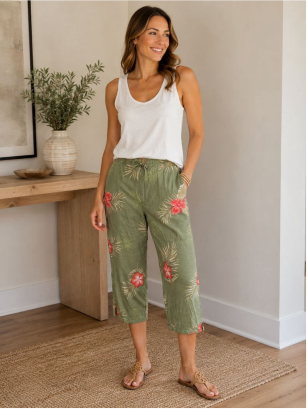 Women's Caribbean Joe Capris M Green Red Floral Rayon